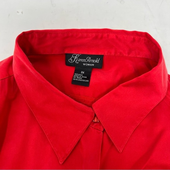 Karen Arnold Women Silk Holiday Red 3/4 Sleeve Button Down Blouse Plus Size 3X - Picture 10 of 12